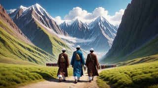 a detailed 8k illustration, a handsome muslim man leading a group of muslim boys walking away towards a mountain , detailmaster2, 