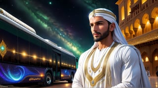 a detailed epic poster, a handsome white muslim man in front of a bus, detailmaster2, charismatic demeanor, at night in islamic city, magestic sky ,DonMASKTexXL 