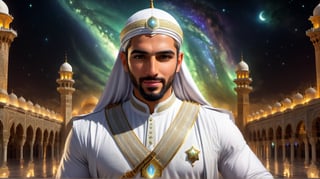 a detailed epic poster, a handsome white muslim man invite saying welcome, detailmaster2, charismatic demeanor, at night in islamic city, magestic sky ,DonMASKTexXL 