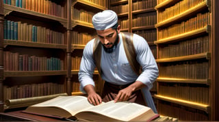 a detailed epic poster, a muslim man doing manual labor in front of shelf of islamic books, DonMASKTexXL , 