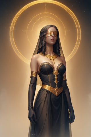 score_9, score_8_up, score_7_up, score_6_up, koling, woman, solo, standing, looking forward, gold blindfold, veil, intricate black lace dress,gloves, elbow gloves, golden back circle,high contrast,(atmospheric perspective:1.4),oil panting, otherworldly, celestial light