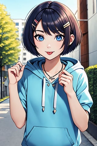 (masterpiece),(best quality), 

(closed mouth:1.1), upper body, (hand up:1.2), tongue out, akanbe,

open clothes, shorts, blue eyes, necklace, blue shirt, outdoors, hood,

hair ornament, upper body, outdoors, hairclip, hoodie, short hair,