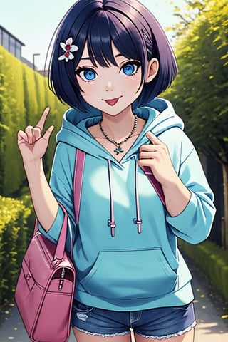 (masterpiece),(best quality), 

(closed mouth:1.1), upper body, (hand up:1.2), tongue out, akanbe,

open clothes, shorts, blue eyes, necklace, blue shirt, outdoors, hood,

hair ornament, upper body, outdoors, hairclip, bag, hoodie, short hair,