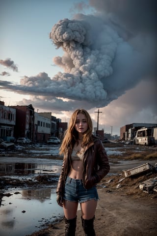 "Imagine Ella Purnell as Lucy Maclean in a post-apocalyptic world. Her attire is torn and tattered, showcasing the hardships of survival in a hostile environment. Her hair is disheveled, reflecting the constant struggle to endure in this new world. The image, created with the utmost realism and quality, captures Lucy in a moment of determination and bravery as she confronts the challenges left behind by the apocalypse. The backdrop depicts a ravaged landscape, with ruins and debris that enhance the desolate and chaotic atmosphere of this post-apocalyptic world."