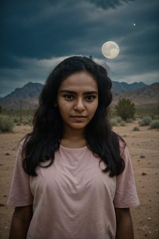 (A girl standing in a desert area:1.2) details in face, perfect eyes, in the night dark night, clear sky, milkyway galaxy, Stary night photography, astrophotography, masterpiece, best quality, ultra-detailed, solo, (night), (stars, moon:1.3), smoke,clear sky, analog style (look at viewer:1.2) (skin texture)  (cool hue and warm tone),1mallugirl,1 girl,Mallugirl,perfect
