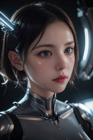 Full body image, (masterpiece: 1.3), (8K, photorealistic, raw photography, best quality: 1.4), ultra uetail face, eyes of detail, double eyelids, (sharp focus: 1.2), ultra high resolution, (photorealistic:1.4), very detailed and professional lighting, translucent ethereal mechanical girl, futuristic girl, mechanical joining technology girl, futuristic city background