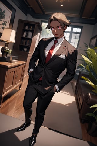 1boy, matue male, slim, short hair, blonde hair, flaps, forehead, black jacket, red necktie, white shirt, black skinny pants, formal shoes, standing, outside, living room, indoor, [fisheye lens:: 3], masterpiece, best quality, absurdres, very aesthetic, newest, General