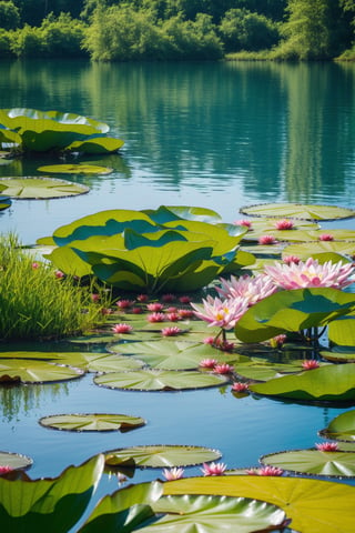 lake surrounded by blue water lily flowers
