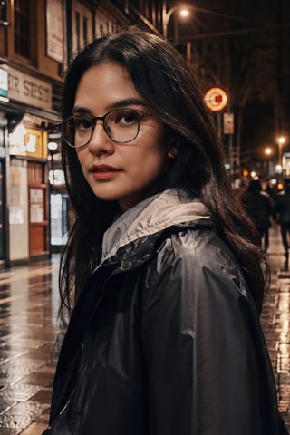 Portrait full body view, A girl with glasses, no makeup, long brunette hair, brown eyes, perfect eyes, 30 years old, detailed beautiful and mysterious face, cheek mole, wearing long dark brown classic old Raincoat, veil BREAK. Walking Carefully BREAK. In 1960s, on the street of old city at rainy night BREAK. Background blurred running peoples are avoiding rain BREAK. Minimung lighting of streets lamps BREAK long distance shot, full body shot BREAK, chalm, highly realistic, super detailed subject, perfectly, proportional, UHD, 8k Resolution, artistic, masterpiece, gloomy, RAW, depth of field BREAK