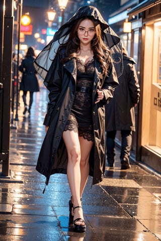 A girl with glasses, no makeup, long brunette hair, brown eyes, perfect eyes, 30 years old, detailed beautiful and mysterious face, cheek mole, wearing long dark brown classic old Raincoat, veil BREAK. Walking Carefully BREAK. In 1960s, on the street of old city at rainy night BREAK. Background blurred running peoples are avoiding rain BREAK. Minimung lighting of streets lamps BREAK long distance shot, full body shot BREAK, chalm, highly realistic, super detailed subject, perfectly, proportional, UHD, 8k Resolution, artistic, masterpiece, gloomy, RAW, depth of field BREAK
