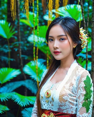 Create a photorealistic masterpiece of a beautiful woman with long hair wearing traditional Indonesian white kebaya attire. Set her against a dark, forest backdrop with a captivating glow in the background and bokeh effect. Ensure the image quality is 8K with ultra-realistic details.,kebaya
