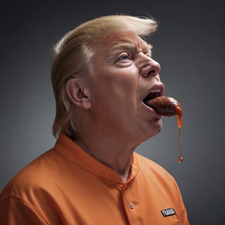 Profile of Donald Trump,  looking up,  big sausage in mouth,  dripping juce,  wearing orange prison jumpsuit.