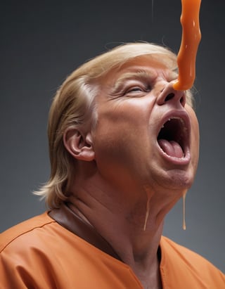 Profile of Donald Trump,  looking up,  big sausage in mouth,  dripping juce,  wearing orange prison jumpsuit.