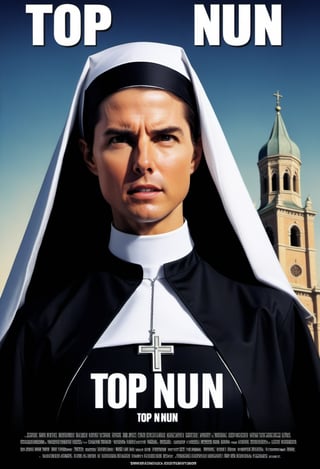 Movie Poster page "Top Nun: Maverick". Tom Cruise dressed a Nun.  text: "Top Nun".