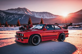 red e30 BMW M3 at sunset, photography, real, realistic, 8k, bbs, snow, mountains, photorealistic, ultra detailed, --v 4