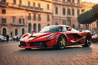 photo of a Ferrari LaFerrari in Rome, sunrise, shot on a Sony Mirrorless camera, DSLR, 85mm lens f/4, ultra detailed, 8k