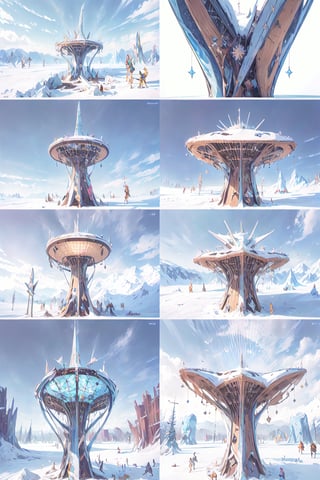 masterpiece, panels solar tree. on top of the snow, very high quality, ultra high definition, 32K, ultra photorealistic, high detail, more detail, BurningMan festival style, meting point statue,velvaura