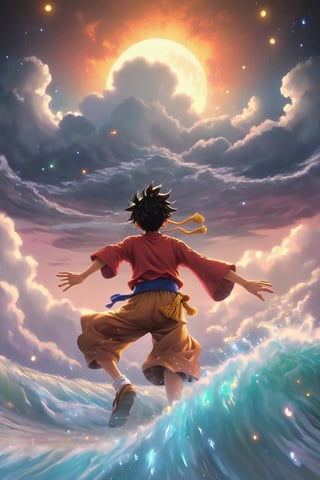Luffys white cloudy hair, billowing like ethereal clouds in perpetual motion. Environment: Ethereal Nexus, Luffy emerges within a kaleidoscopic dimension. Shifting hues and surreal landscapes surround him, a mesmerizing fusion of dreams and reality. Mood: Awe-Struck Wonder, The air crackles with celestial energy, Luffys transformation elicits gasps of disbelief and admiration. Atmosphere: Surreal Harmony, Reality and fantasy converge, creating a surreal atmosphere where the extraordinary becomes the norm. Lighting: Luminous Spectra, Multidimensional beams intertwine, casting Luffy in a radiant glow. The colors dance, enhancing the ethereal spectacle. Luffys once-raven black hair now cascades in waves of luminous white, an ethereal crown adding celestial splendor