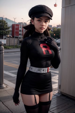   smile,   mature_woman, 27 years old, stern expression, frustrated, disappointed, flirty pose, sexy, looking at viewer, scenic view, Extremely Realistic, high resolution, masterpiece, 

roxanne, twintails, hair ribbon, poke ball, poke ball (basic), holding poke ball, black headwear, cabbie hat, hat, posing, lips, ( evil smile), ,Grunt Team Rocket, dress, black dress, long sleeves, gloves, elbow gloves, belt, grey belt, skirt, thighhighs,