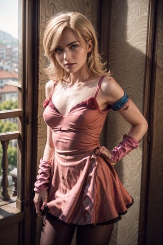   smile,   mature_woman, 27 years old, stern expression, frustrated, disappointed, flirty pose, sexy, looking at viewer, scenic view, Extremely Realistic, high resolution, masterpiece, 

Lucy Steel, blonde hair, blue eyes, pink dress, pink arm warmers