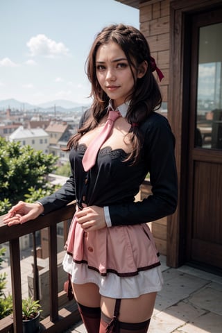   smile,   mature_woman, 27 years old, stern expression, frustrated, disappointed, flirty pose, sexy, looking at viewer, scenic view, Extremely Realistic, high resolution, masterpiece, 

 yunyun, smile, looking at viewer, hand on own chest, crown braid, hair ornament, hair bow, pink necktie, long sleeves, pink skirt, thighhighs