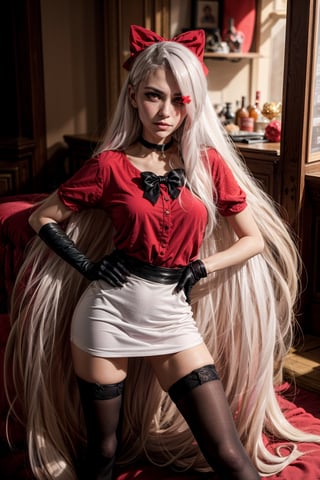   smile,   mature_woman, 27 years old, stern expression, frustrated, disappointed, flirty pose, sexy, looking at viewer, scenic view, Extremely Realistic, high resolution, masterpiece, 

(Vaggie:1.0), (Hotel Outfit), (red shirt, black skirt, stockings, gloves, hair bow), (pastel-pink sclera, black pupil, grey skin, white hair, long hair, hair bow:1.2)
