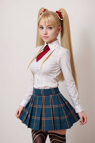 masterpiece, best quality, 1girl, solo, looking at viewer, breasts, , portrait, white background, simple background, 

TWINTAILS, TWIN DRILLS, Luna_MM, twin tails, drill hair, blonde, striped tights,blue dress, school uniform, skirt, blond_hair, big hair, big red ribbon in hair, ,Masterpiece