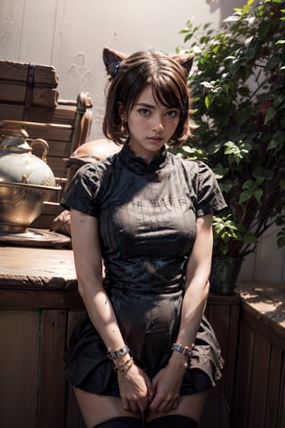   smile,   mature_woman, 27 years old, stern expression, frustrated, disappointed, flirty pose, sexy, looking at viewer, scenic view, Extremely Realistic, high resolution, masterpiece, 

(hair ornament, earrings, jewelry, vertical-striped dress, black apron, short sleeves, wrist cuffs, black thighhighs,)

( gloria \(pokemon\), brown hair, brown eyes, tam o' shanter, short hair, bob cut, bangs),