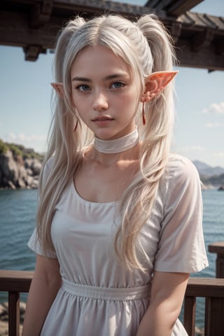   smile,   mature_woman, 27 years old, stern expression, frustrated, disappointed, flirty pose, sexy, looking at viewer, scenic view, Extremely Realistic, high resolution, masterpiece, 

frieren, white hair, 1girl, long hair, pointy ears, twintails, jewelry, elf, earrings, 

white choker, white dress, short sleeves