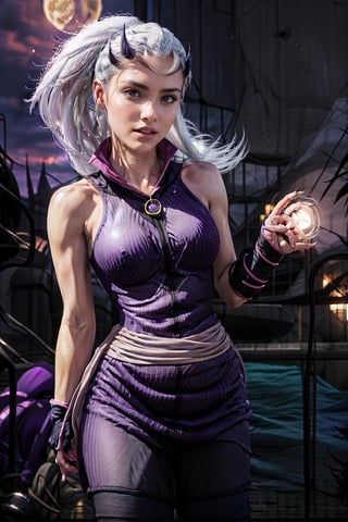   smile,   mature_woman, 27 years old, stern expression, frustrated, disappointed, flirty pose, sexy, looking at viewer, scenic view, Extremely Realistic, high resolution, masterpiece, 

Charmcaster, 1girl, slicked-back hair, blue eyes, long hair, dynamic pose, (black crown)purple dress, sleeveless, popped collar, black tights, red gem, fingerless gloves, pink waist-sashBREAK(castle, night, moon, gorgeous view)