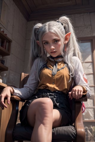   smile,   mature_woman, 27 years old, stern expression, frustrated, disappointed, flirty pose, sexy, looking at viewer, scenic view, Extremely Realistic, high resolution, masterpiece, 


(frieren, white hair, 1girl, long hair, pointy ears, twintails, jewelry, elf, earrings, )

black necktie, orange vest, long sleeves, black skirt,
 smiling, crossed legs, sitting in a chair, elbows on chair, tortura_wz, 
