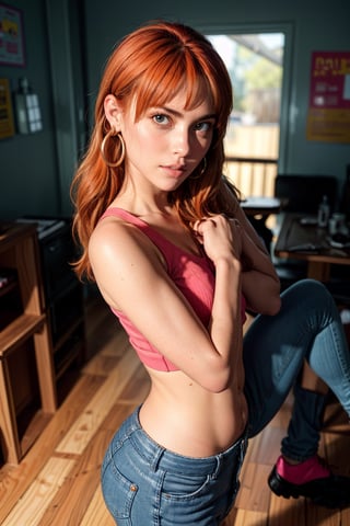   smile,   mature_woman, 27 years old, stern expression, frustrated, disappointed, flirty pose, sexy, looking at viewer, scenic view, Extremely Realistic, high resolution, masterpiece, 

Sarah,orange hair, lips, serious look, angry, black eyes, hoop earrings,midriff , pink shirt, denim jeans, shoes, red in the face, 
