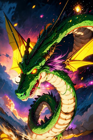 wyrm,shenlong, oriental dragon, glowing eyes, shiny, galaxy, sharps theet, long whiskers, purple hair, floating debris, looking_at_viewer, asymetric, intrincate details, realistic, ,r1ge, close up, yellow sky, yellow clouds, flying, raining,fantasy00d,CLOUD