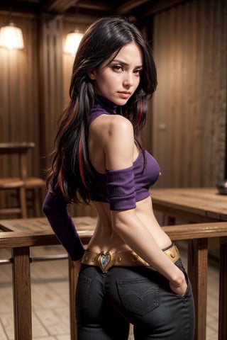   smile,   mature_woman, 27 years old, stern expression, frustrated, disappointed, flirty pose, sexy, looking at viewer, scenic view, Extremely Realistic, high resolution, masterpiece, 

,lucy (pokemon),   purple gloves,  ((gold belt, sleveless purple turtleneck, midriff,  black tight jeans),  two-toned hair,red streaks in hair,  red eyes, from behind