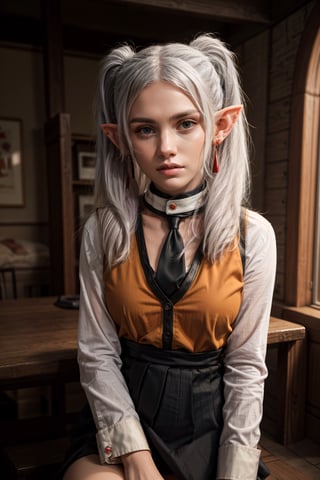   smile,   mature_woman, 27 years old, stern expression, frustrated, disappointed, flirty pose, sexy, looking at viewer, scenic view, Extremely Realistic, high resolution, masterpiece, 

frieren, white hair, 1girl, long hair, pointy ears, twintails, jewelry, elf, earrings, 

black necktie, orange vest, long sleeves, black skirt,