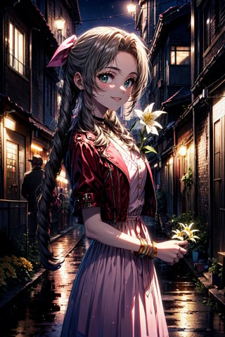 masterpiece, best quality, aerith gainsborough, choker, cropped jacket, hair bow, bracelet, pink dress, cowboy shot, looking at viewer, night, city streets, slums, smile, holding a yellow flower 