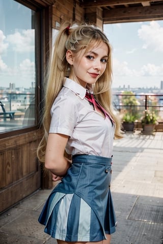  Blue dress, smile,  panties, mature_woman, 27 years old,Luna_MM, twin tails, drill hair, blonde, striped tights,blue dress, school uniform, skirt, blond_hair, big hair, big red ribbon in hair, stern expression, frustrated, disappointed, flirty pose, sexy, looking at viewer, scenic view,Extremely Realistic,TWINTAILS, TWIN DRILLS,REALISTIC,Masterpiece, robotskin