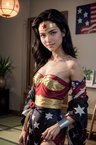   smile,   mature_woman, 27 years old, stern expression, frustrated, disappointed, flirty pose, sexy, looking at viewer, scenic view, Extremely Realistic, high resolution, masterpiece, 

,wonderwoman,black hair,long hair,blue eyes,dark skin,tiara,(kimono,american flag print:1.4),smile,tatami,indoors,(dutch angle)
