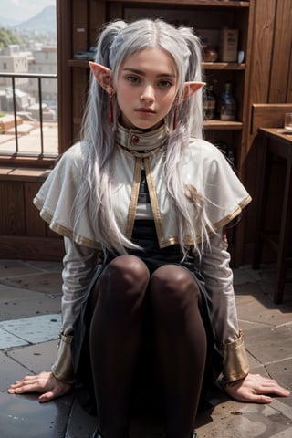   smile,   mature_woman, 27 years old, stern expression, frustrated, disappointed, flirty pose, sexy, looking at viewer, scenic view, Extremely Realistic, high resolution, masterpiece, 

Fullbody, 

frieren, white hair, 1girl, long hair, pointy ears, twintails, jewelry, elf, earrings, 

white capelet, long sleeves, white gloves, black skirt, pantyhose, 