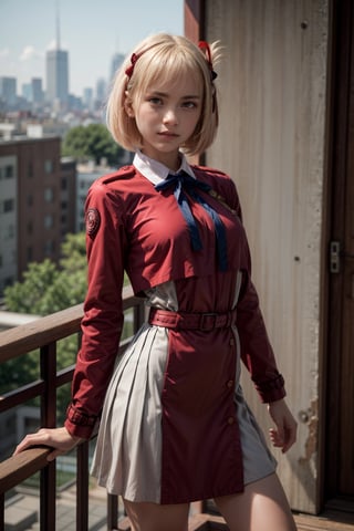   smile,   mature_woman, 27 years old, stern expression, frustrated, disappointed, flirty pose, sexy, looking at viewer, scenic view, Extremely Realistic, high resolution, masterpiece, 

nishikigi chisato, short hair, bangs, blonde hair, (red eyes:1.5), hair ribbon, one side up, bob cut,

shirt, long sleeves, dress, ribbon, white shirt, collared shirt, belt, neck ribbon, red dress, blue ribbon, pleated dress, grey dress, two-tone dress, red belt, lycoris uniform,

