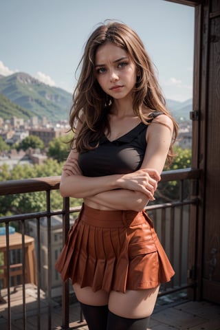   smile,   mature_woman, 27 years old, stern expression, frustrated, disappointed, flirty pose, sexy, looking at viewer, scenic view, Extremely Realistic, high resolution, masterpiece, 

serena,  sleeveless, long hair, thighhighs,  skirt, black thighhighs, shirt, collarbone, red skirt, pleated skirt, sleeveless shirt