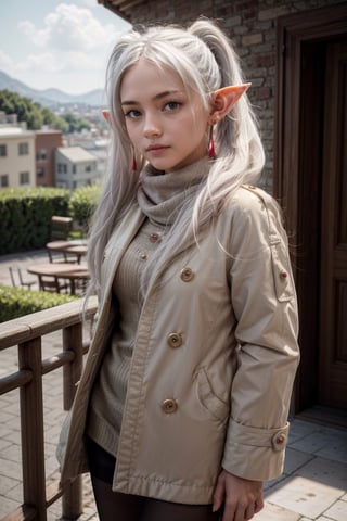   smile,   mature_woman, 27 years old, stern expression, frustrated, disappointed, flirty pose, sexy, looking at viewer, scenic view, Extremely Realistic, high resolution, masterpiece, 

frieren, white hair, 1girl, long hair, pointy ears, twintails, jewelry, elf, earrings, 

scarf, white coat, black pantyhose, brown boots