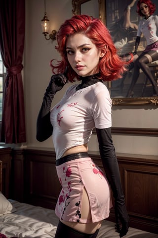   smile,   mature_woman, 27 years old, stern expression, frustrated, disappointed, flirty pose, sexy, looking at viewer, scenic view, Extremely Realistic, high resolution, masterpiece, 

(Niffty:1.5), (yellow skin, makeup, pink sclera, thin, petite, pink-red hair, large eyelashes:1.2), (CasualOutfit), (white shirt, pink poodle skirt, black gloves, black tights),