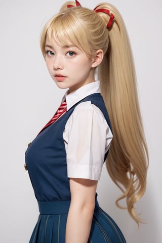 masterpiece, best quality, 1girl, solo, looking at viewer, breasts, , portrait, white background, simple background, 

TWINTAILS, TWIN DRILLS, Luna_MM, twin tails, drill hair, blonde, striped tights,blue dress, school uniform, skirt, blond_hair, big hair, big red ribbon in hair, ,photorealistic,1 girl ,REALISTIC,1girl
