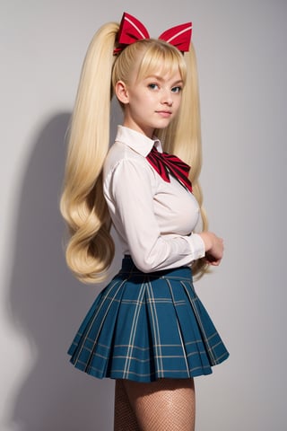 masterpiece, best quality, 1girl, solo, looking at viewer, breasts, , portrait, white background, simple background, 

TWINTAILS, TWIN DRILLS, Luna_MM, twin tails, drill hair, blonde, striped tights,blue dress, school uniform, skirt, blond_hair, big hair, big red ribbon in hair, ,photorealistic,1 girl ,REALISTIC