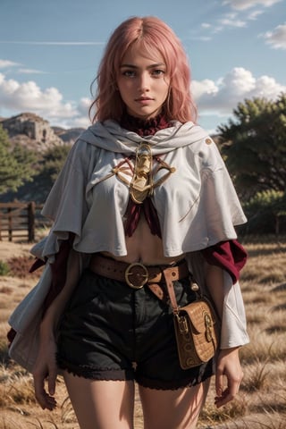   smile,   mature_woman, 27 years old, stern expression, frustrated, disappointed, flirty pose, sexy, looking at viewer, scenic view, Extremely Realistic, high resolution, masterpiece, 

Fana, 1girl, long hair, blue eyes, pink hair, facial mark, expressionless, forehead mark,toeless footwear,shorts, belt, bag, cape, long sleeves