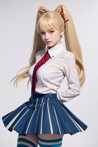 masterpiece, best quality, 1girl, solo, looking at viewer, breasts, , portrait, white background, simple background, 

TWINTAILS, TWIN DRILLS, Luna_MM, twin tails, drill hair, blonde, striped tights,blue dress, school uniform, skirt, blond_hair, big hair, big red ribbon in hair, ,photorealistic,1 girl ,REALISTIC