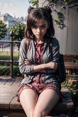   smile,   mature_woman, 27 years old, stern expression, frustrated, disappointed, flirty pose, sexy, looking at viewer, scenic view, Extremely Realistic, high resolution, masterpiece, 

 (backpack, , grey cardigan, pink dress, green socks, long sleeves, collared dress, tam o' shanter,)

( ,hmmarnie, aqua eyes,),gloria1