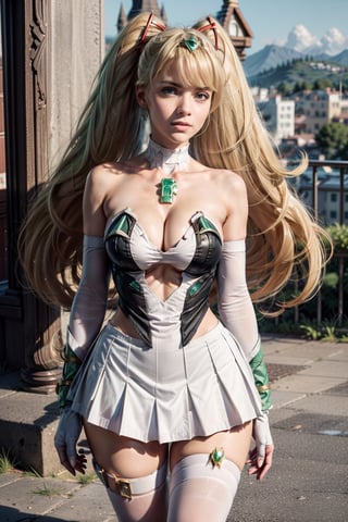   smile,   mature_woman, 27 years old, stern expression, frustrated, disappointed, flirty pose, sexy, looking at viewer, scenic view, Extremely Realistic, high resolution, masterpiece, 

(TWINTAILS, TWIN DRILLS, Luna_MM, twin tails, drill hair, blonde, big hair, big red ribbon in hair,) , , tiara, earrings, chest jewel, sleeveless, white skirt, elbow gloves, thigh strap, pantyhose

