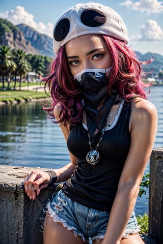   smile,   mature_woman, 27 years old, stern expression, frustrated, disappointed, flirty pose, sexy, looking at viewer, scenic view, Extremely Realistic, high resolution, masterpiece, 

1girl, solo, 1girl, skullgrunt, covered mouth, bandana, hat, tank top, short shorts, wristband, jewelry, necklace